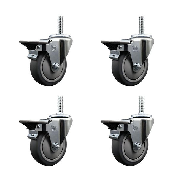 4 Inch Thermoplastic  Rubber Wheel Swivel 58 Inch Threaded Stem Caster Set with Brake SCC